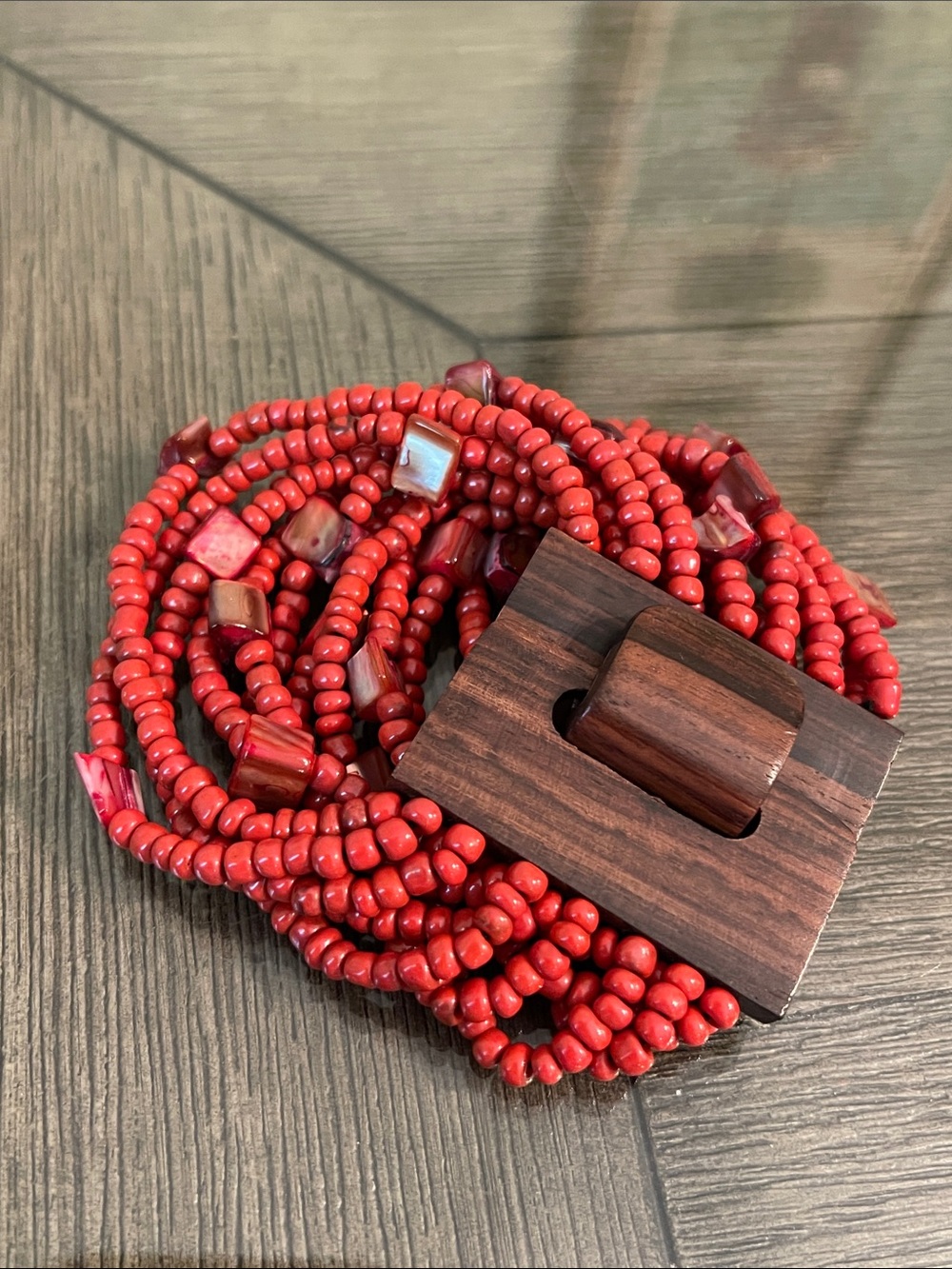 Bohemian Multi-strand Glass Seed Bead Cuff Bracelet Wooden Buckle